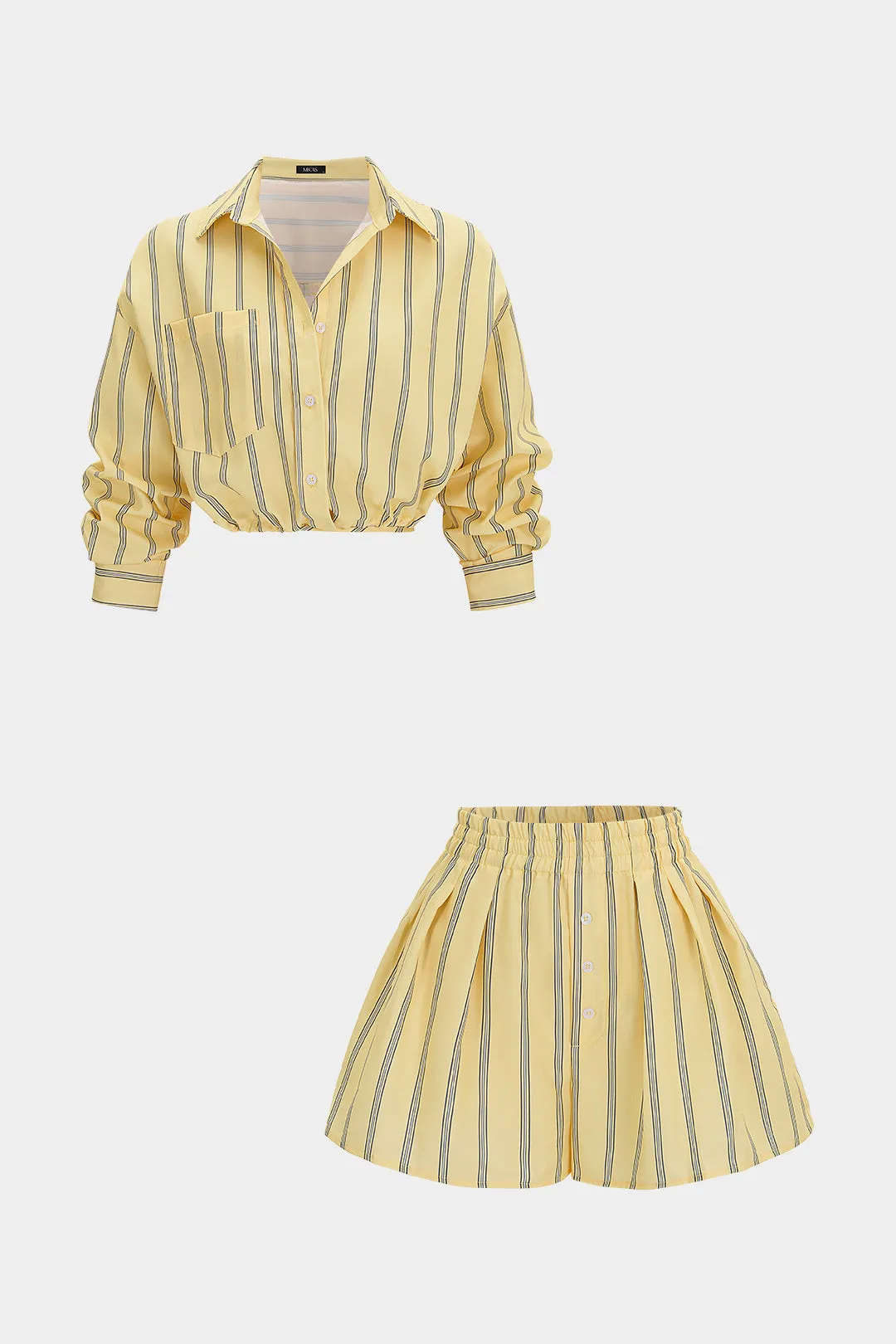 Stripes Print Lapel Long Sleeve Shirt And Wide Leg Shorts Set sold by Micas