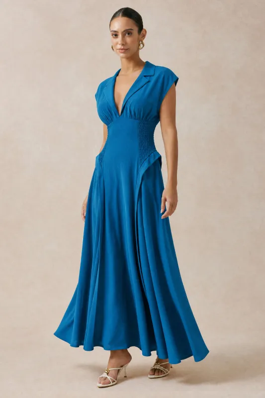 V-Neck Smocked Ruched Sleeveless Midi Dress made by Micas