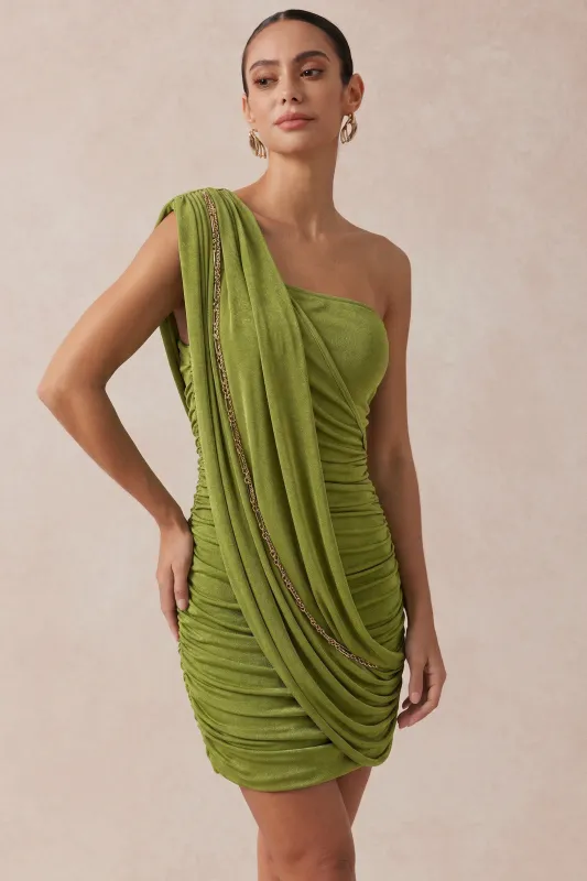 Metallic Chain Asymmetrical Ruched Mini Dress made by Micas