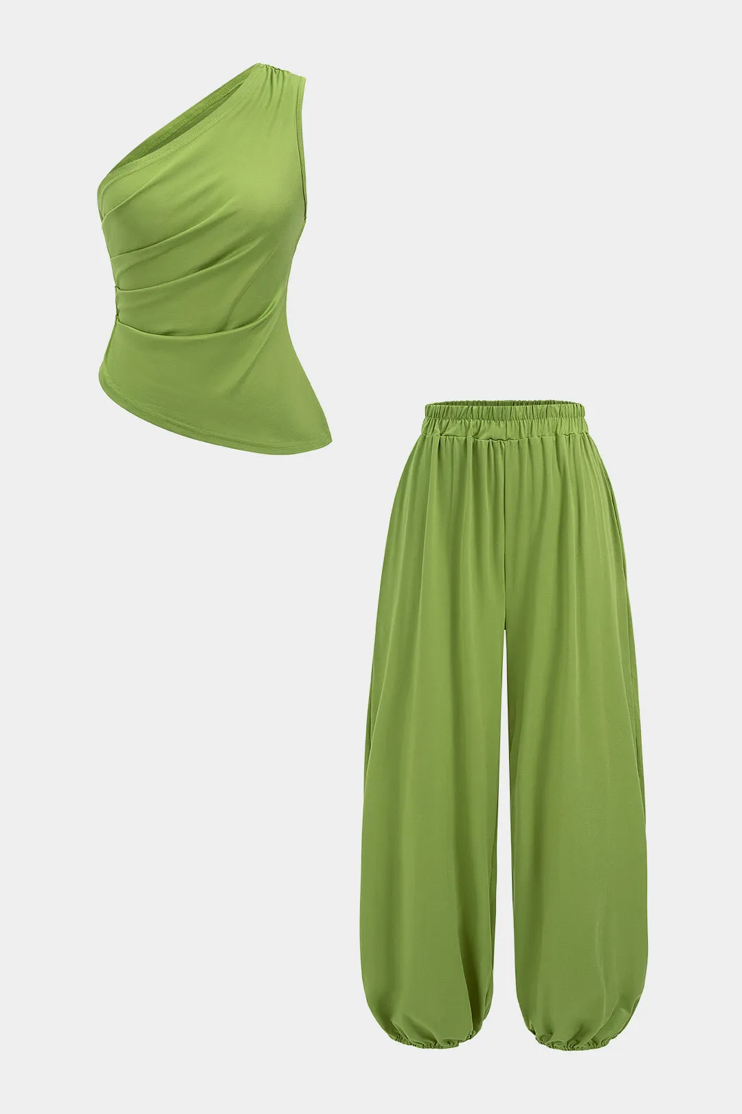 Solid One Shouler Ruched Tank Top And High Waist Wide-Leg Pants Set sold by Micas