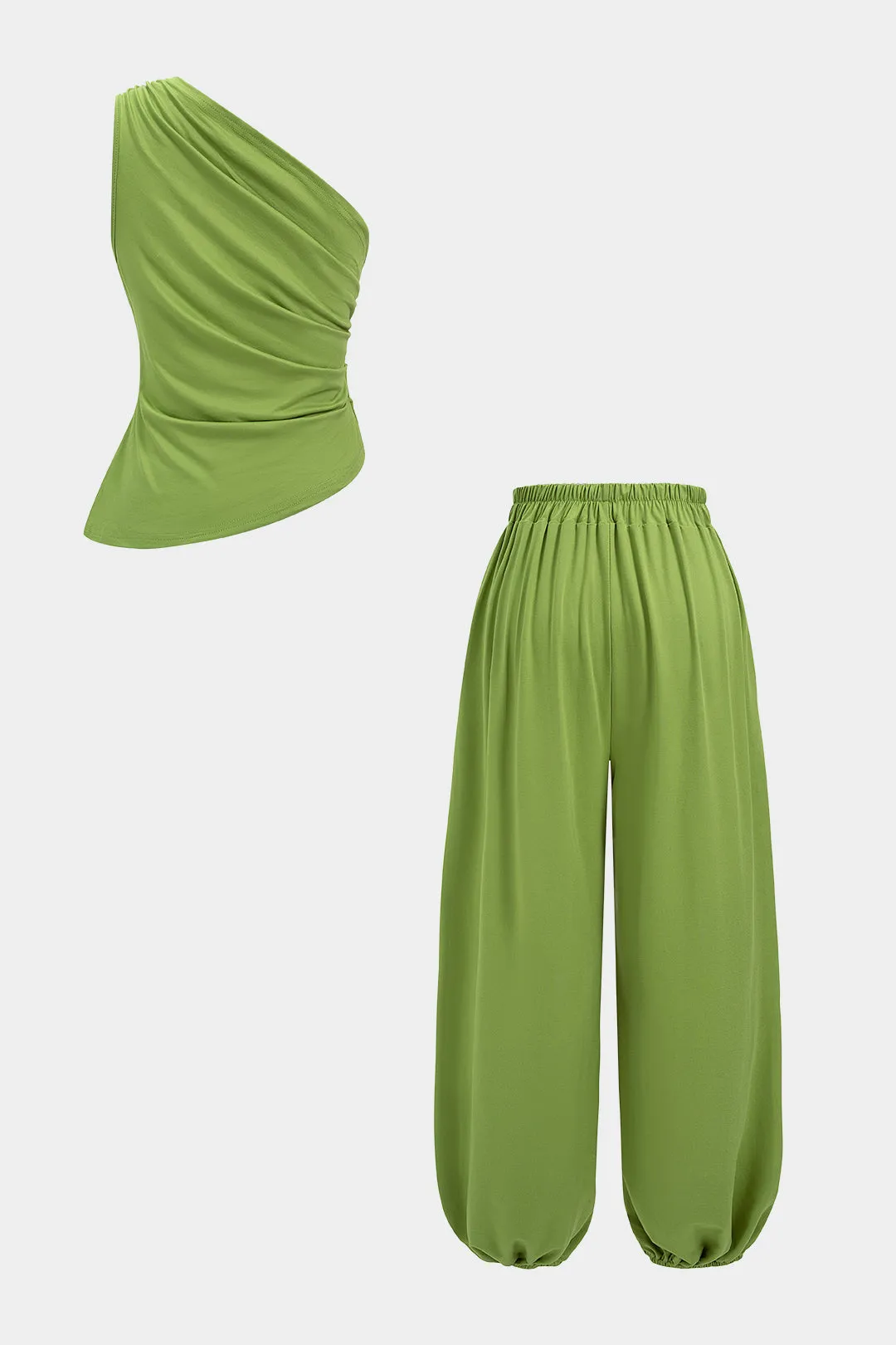 Solid One Shouler Ruched Tank Top And High Waist Wide-Leg Pants Set sold by Micas product image thumbnail 2