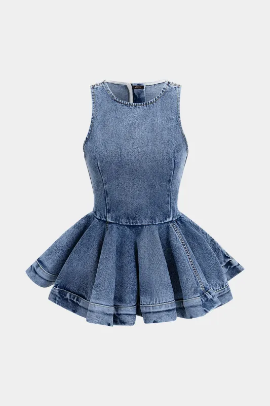 Denim Round Neck Ruffle Tank Top made by Micas