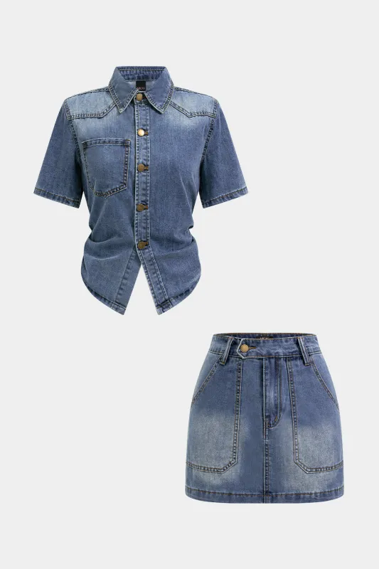 Denim Button Pocket Short Sleeve Shirt And Skirt Set made by Micas