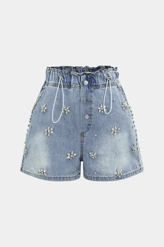 Denim Rhinestone Decor Wide Leg Shorts made by Micas