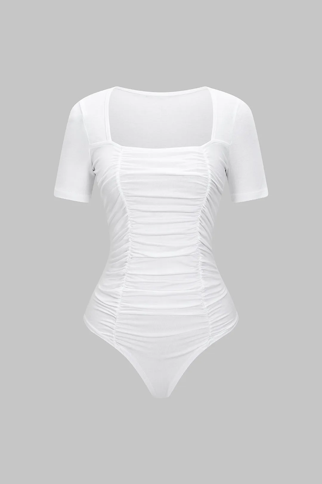 Solid Ruched Short-Sleeve Bodysuit sold by Micas