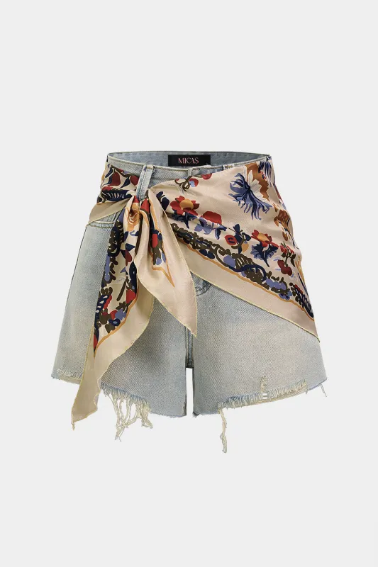 Denim Patchwork Floral Print Belted High Waist Shorts made by Micas