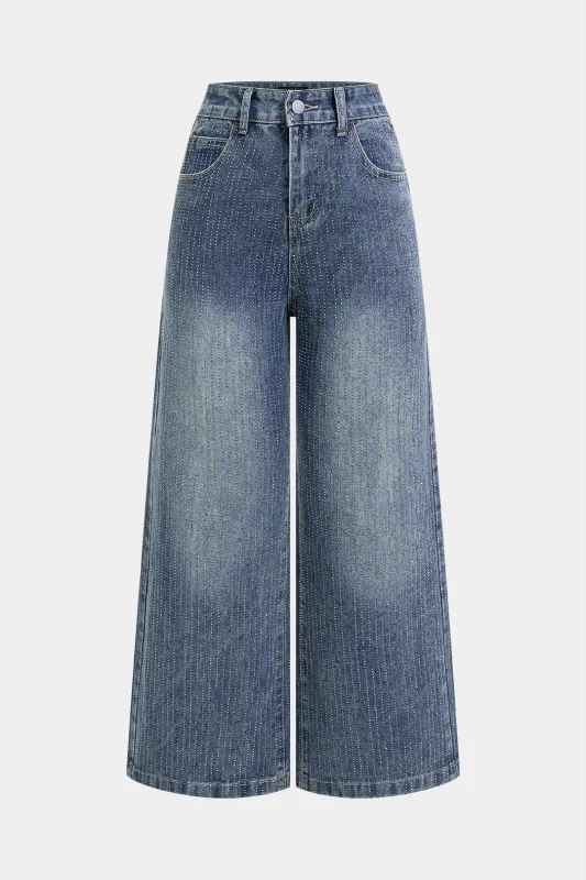 Denim Rhinestone Wide Leg Jeans made by Micas