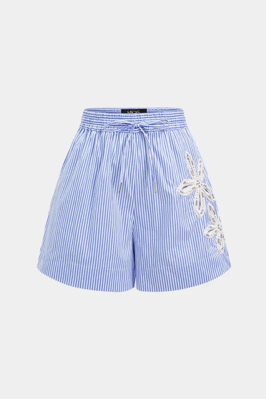 Asymmetrical Embroidery Rhinestone Tie-Up Wide Leg Shorts made by Micas