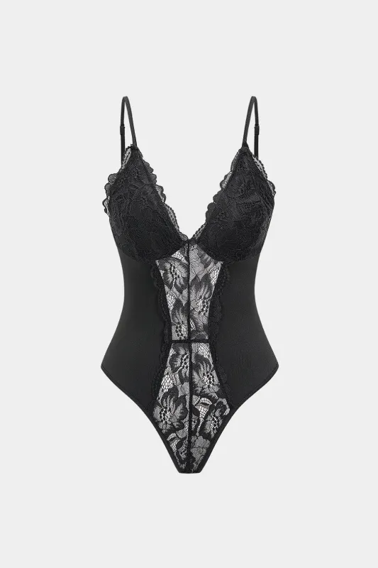 Sheer Lace Patchwork V-Neck Slip Sleeveless Bodysuit made by Micas