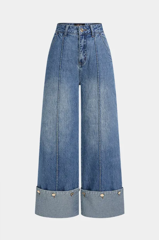 Denim Button Straight Leg Jeans made by Micas
