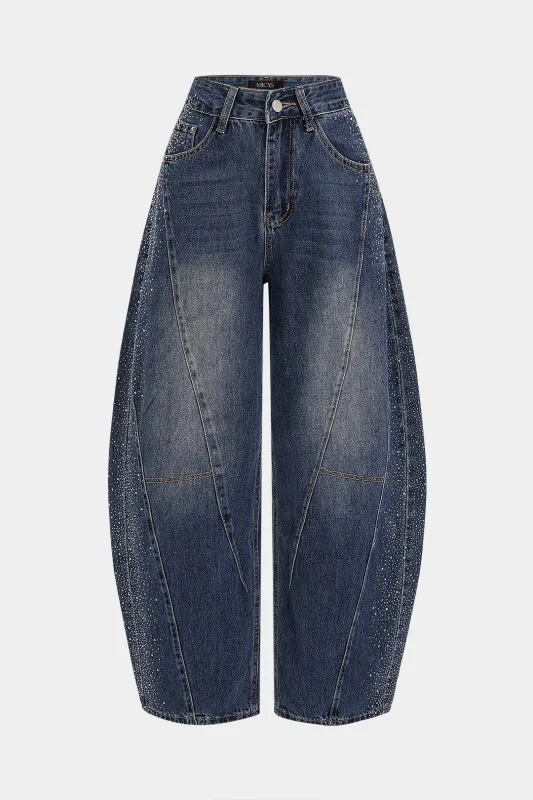 Denim Rhinestone High Waist Wide Leg Jeans made by Micas