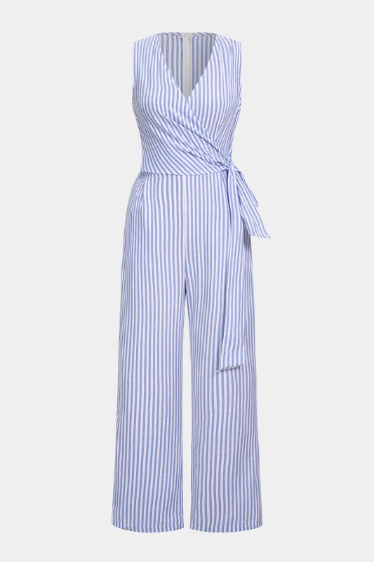 Stripes Print Tie-Up V-Neck Wide Leg Jumpsuit made by Micas