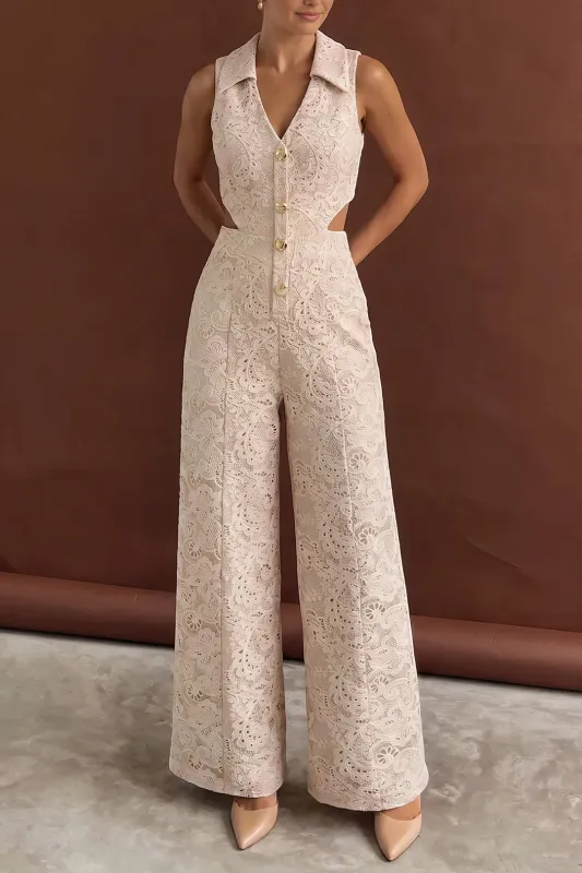 Lace V-Neck Cut Out Sleeveless Jumpsuit made by Micas