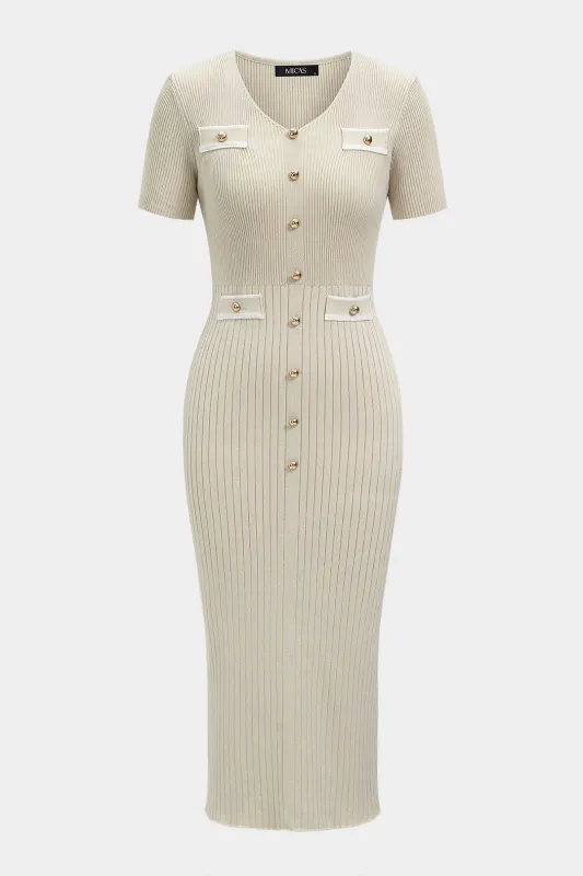 Knit Color Block Print V-Neck Button Short Sleeve Midi Dress made by Micas