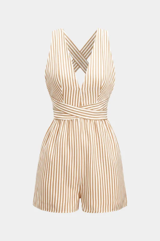 Stripes Print V-Neck Crossed Backless Sleeveless Romper made by Micas