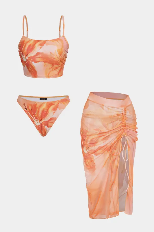 Floral Print Slip Side Slit Bikini Set made by Micas