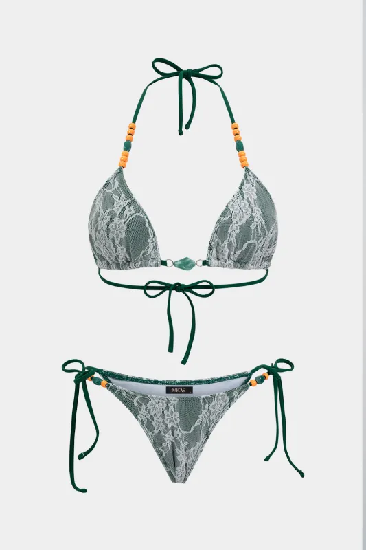 Lace Patchwork Tie Front Beaded Bikini Set made by Micas