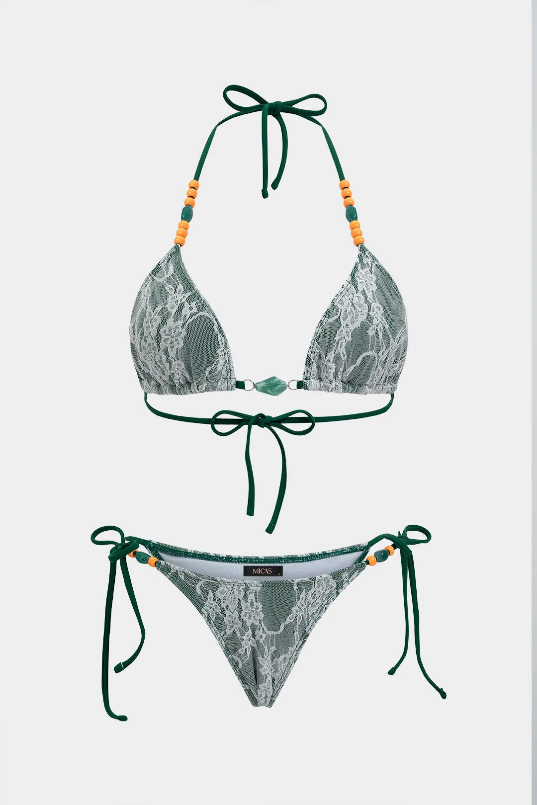 Lace Patchwork Tie Front Beaded Bikini Set sold by Micas