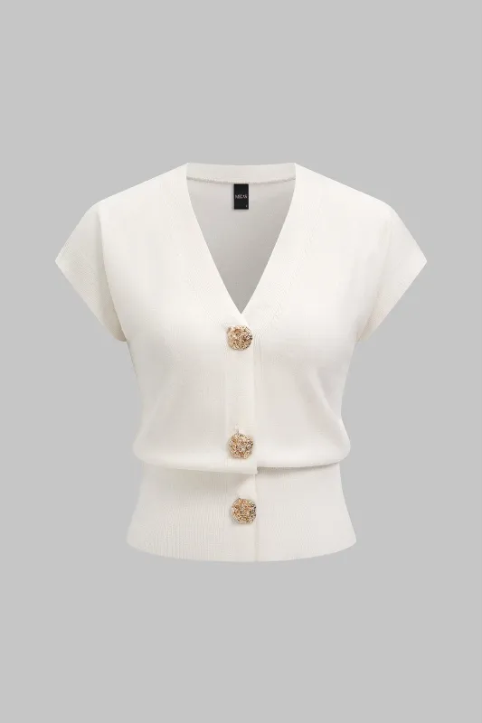 Knit V-Neck Metallic Short-Sleeve Top made by Micas