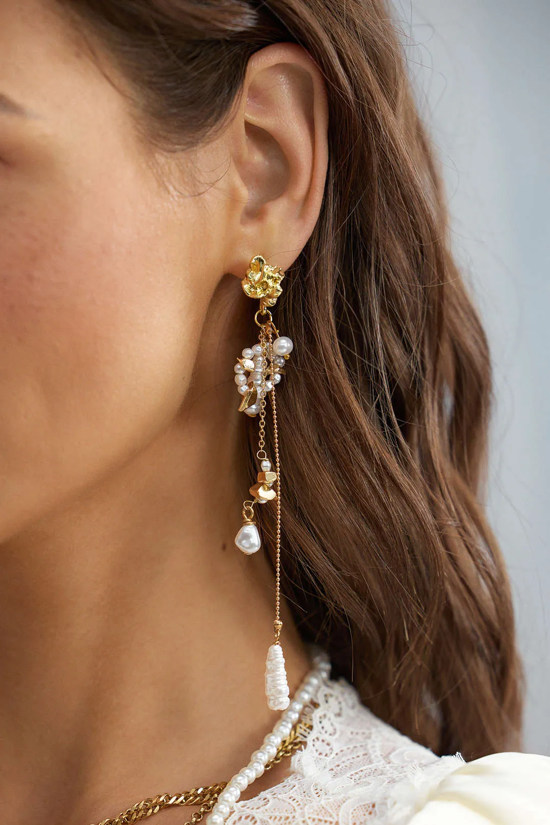 Alloy Asymmetrical Pearl Earrings sold by Micas