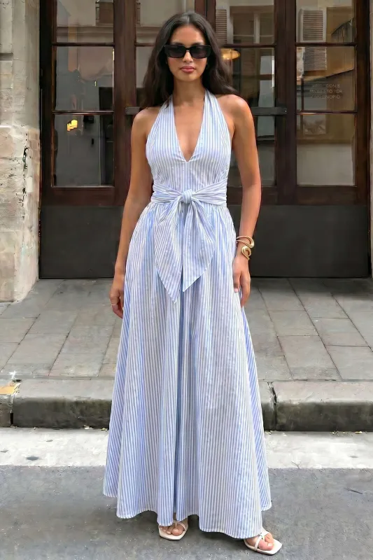 Stripes Print Halter V-Neck Sleeveless Maxi Dress made by Micas