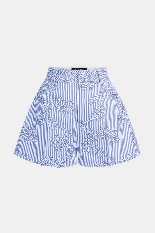Stripe Print Floral Embroidery Shorts made by Micas