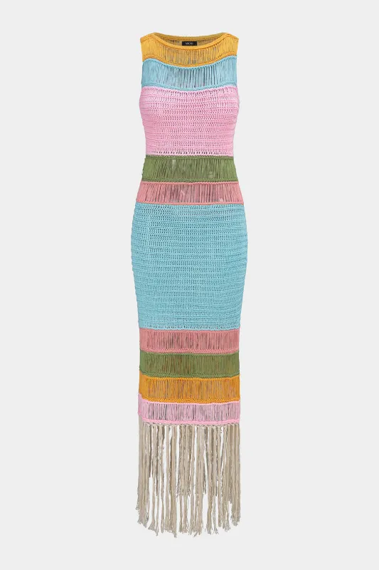 Open Knit Multicolor Round Neck Fringe Sleeveless Midi Dress made by Micas