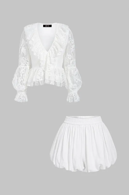 Lace V-Neck Bell Sleeve Cut Out Long-Sleeve Shirt And Wide Leg Shorts Set made by Micas