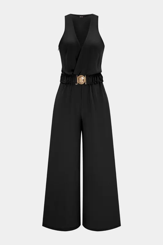 V-Neck Belted Wide Leg Sleeveless Jumpsuit made by Micas
