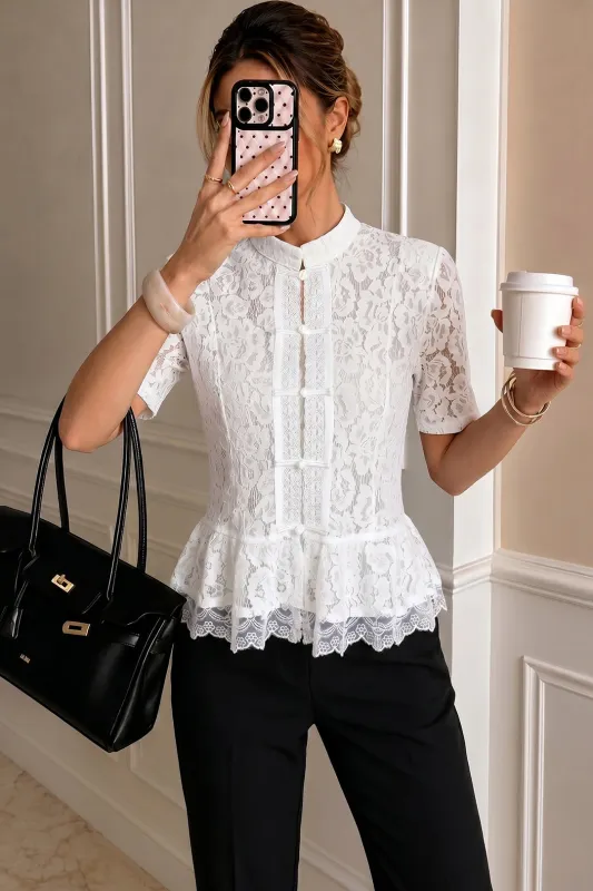 Lace Cut Out Button Ruched Short-Sleeve Shirt made by Micas