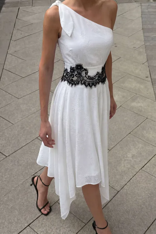 Lace Patchwork Textured Tie-Up Asymmetrical Sleeveless Midi Dress made by Micas