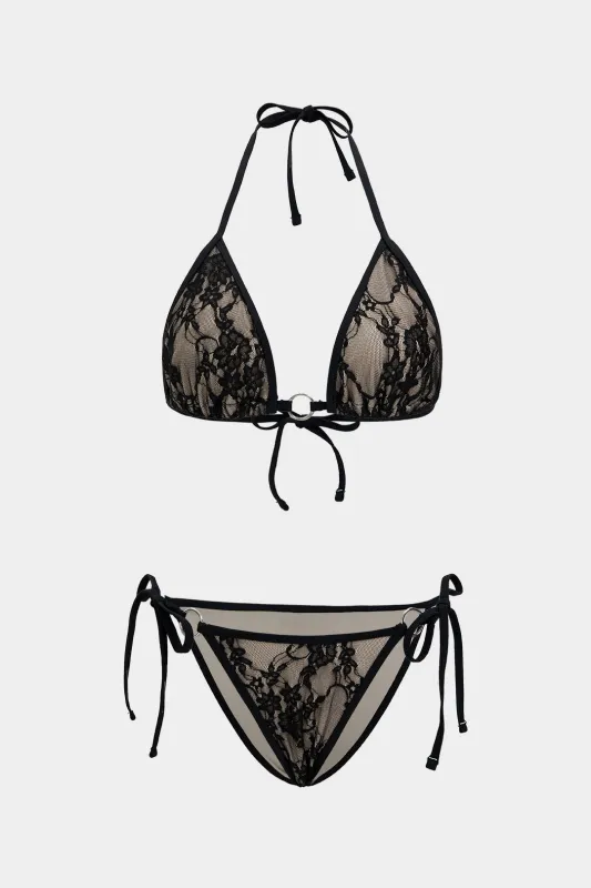 Lace Metallic Tie-Up Backless Bikini Set made by Micas