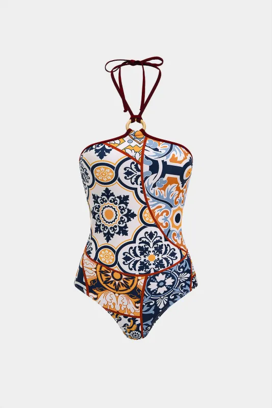 Contrast Print Halter Neck Backless Bikini Top made by Micas