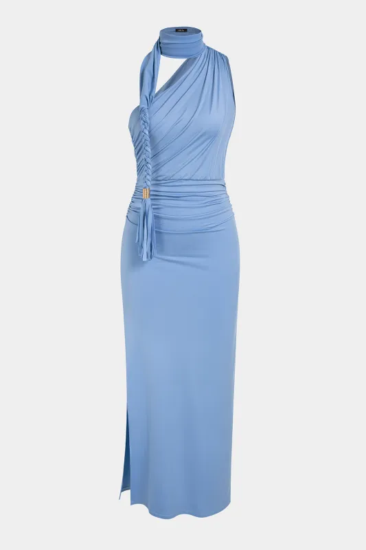 One Shoulder Braided Asymmetrical Ruched Sleeveless Maxi Dress made by Micas