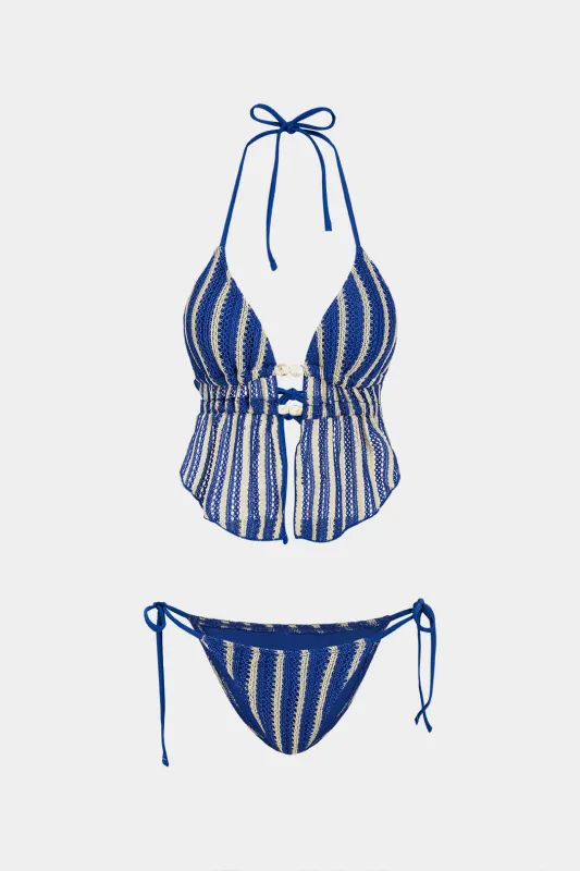 Stripes Print Backless Tie-Up Bikini Set made by Micas
