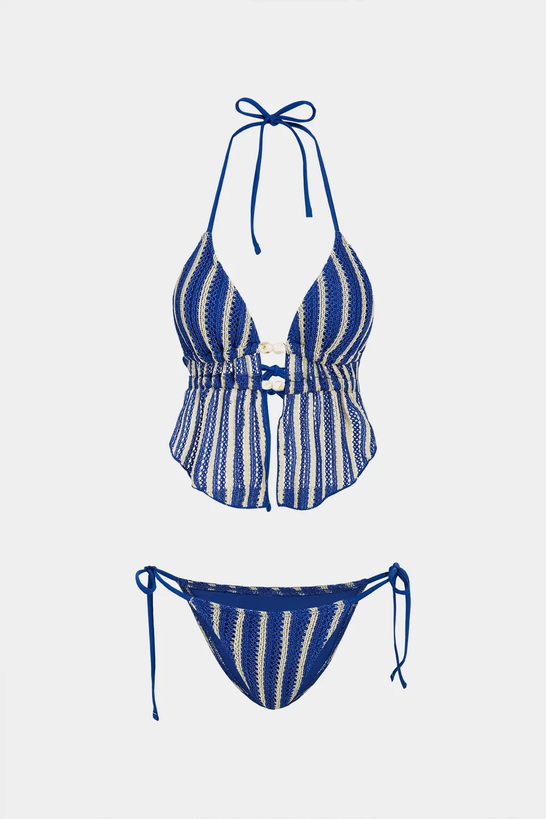 Stripes Print Backless Tie-Up Bikini Set sold by Micas