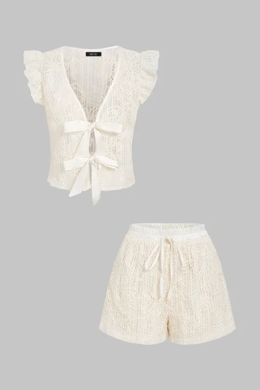 Lace Patchwork Cut Out Bow Bell Sleeve Shirt And Drawstring Shorts Set made by Micas