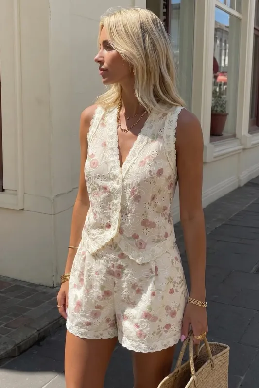 Floral Print Patchwork V-Neck Hollow-Out Shirt And Shorts Set made by Micas
