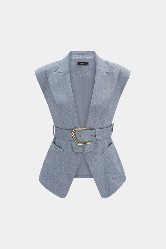 Notched Lapel V-Neck Belted Pocket Vest made by Micas