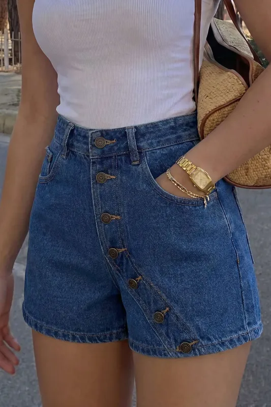 Denim Asymmetrical Button Shorts made by Micas