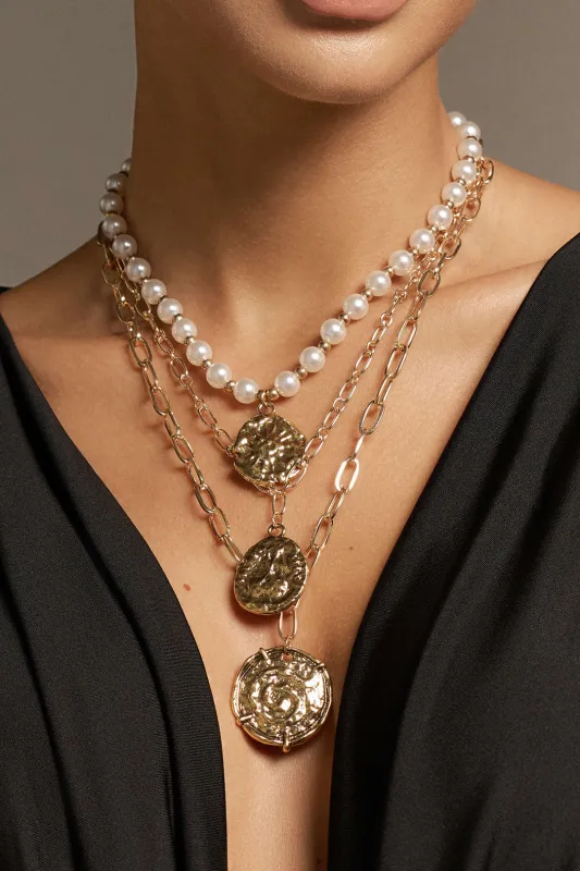 Alloy Multi-Layer Pearl Coin Pendant Necklace made by Micas