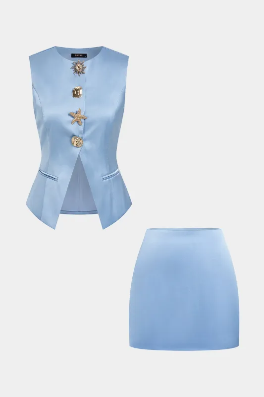 Satin Round Neck Metallic Button Vest And Skirt Set made by Micas