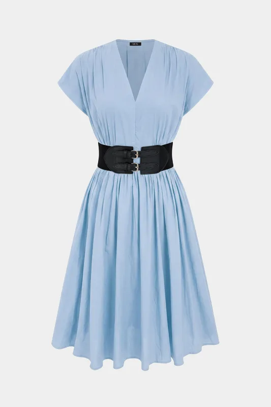V-Neck Faux Leather Belted Short Sleeve Midi Dress made by Micas