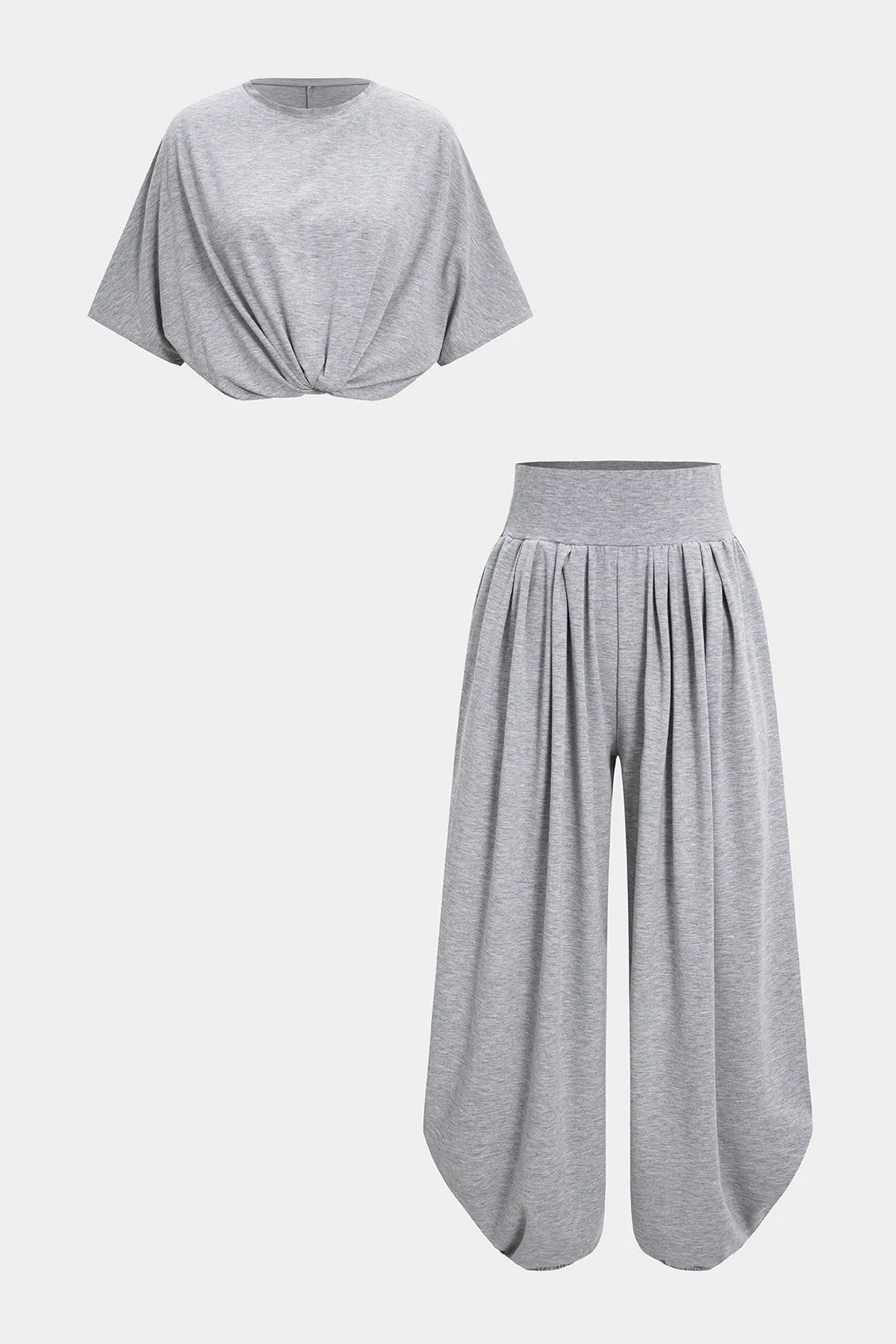 Solid Round Neck T-Shirt And Ruched Wide Leg Pants Set sold by Micas product image thumbnail 2