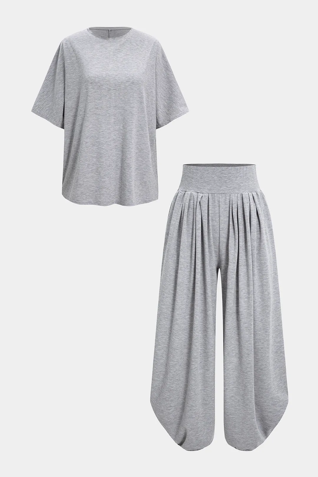 Solid Round Neck T-Shirt And Ruched Wide Leg Pants Set sold by Micas product image thumbnail 3