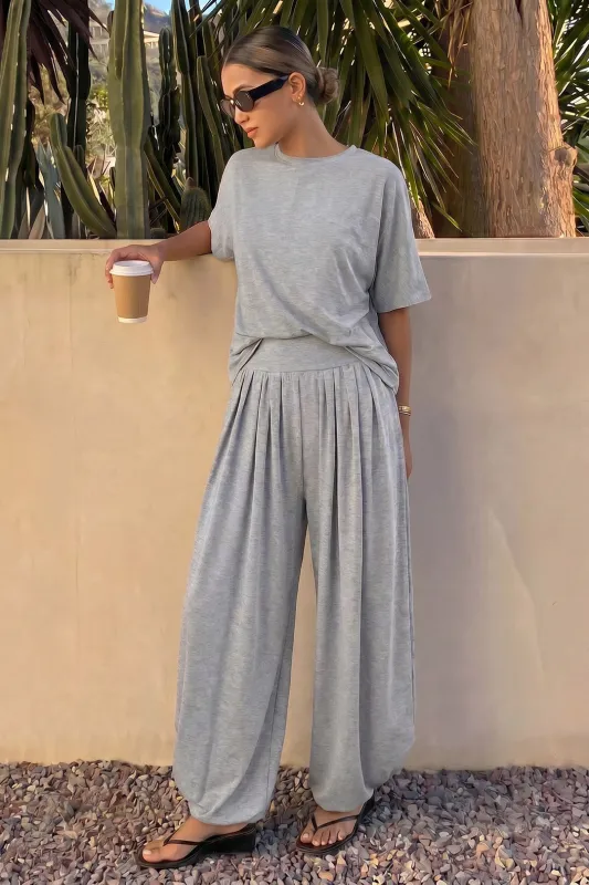 Solid Round Neck T-Shirt And Ruched Wide Leg Pants Set made by Micas
