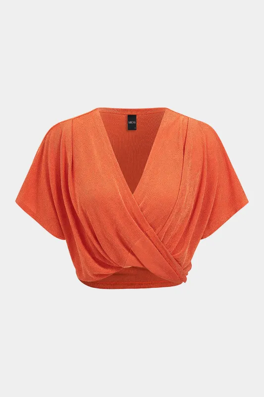V-Neck Crossed Ruched Short Sleeve Top made by Micas