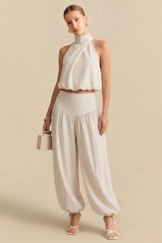 Mock Neck Halter Neck Sleeveless Top And Drawstring Wide Leg Pants Set made by Micas