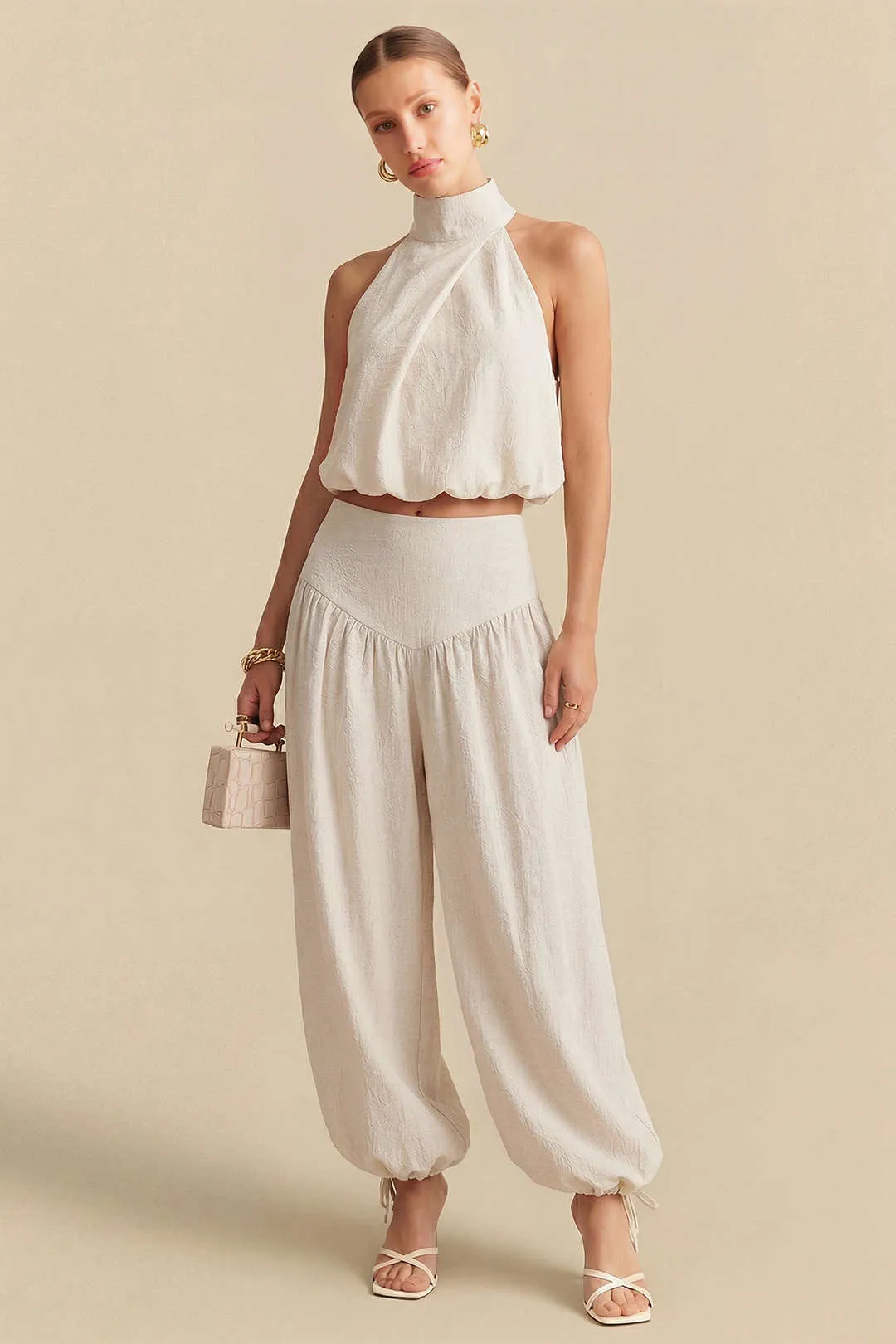 Mock Neck Halter Neck Sleeveless Top And Drawstring Wide Leg Pants Set sold by Micas