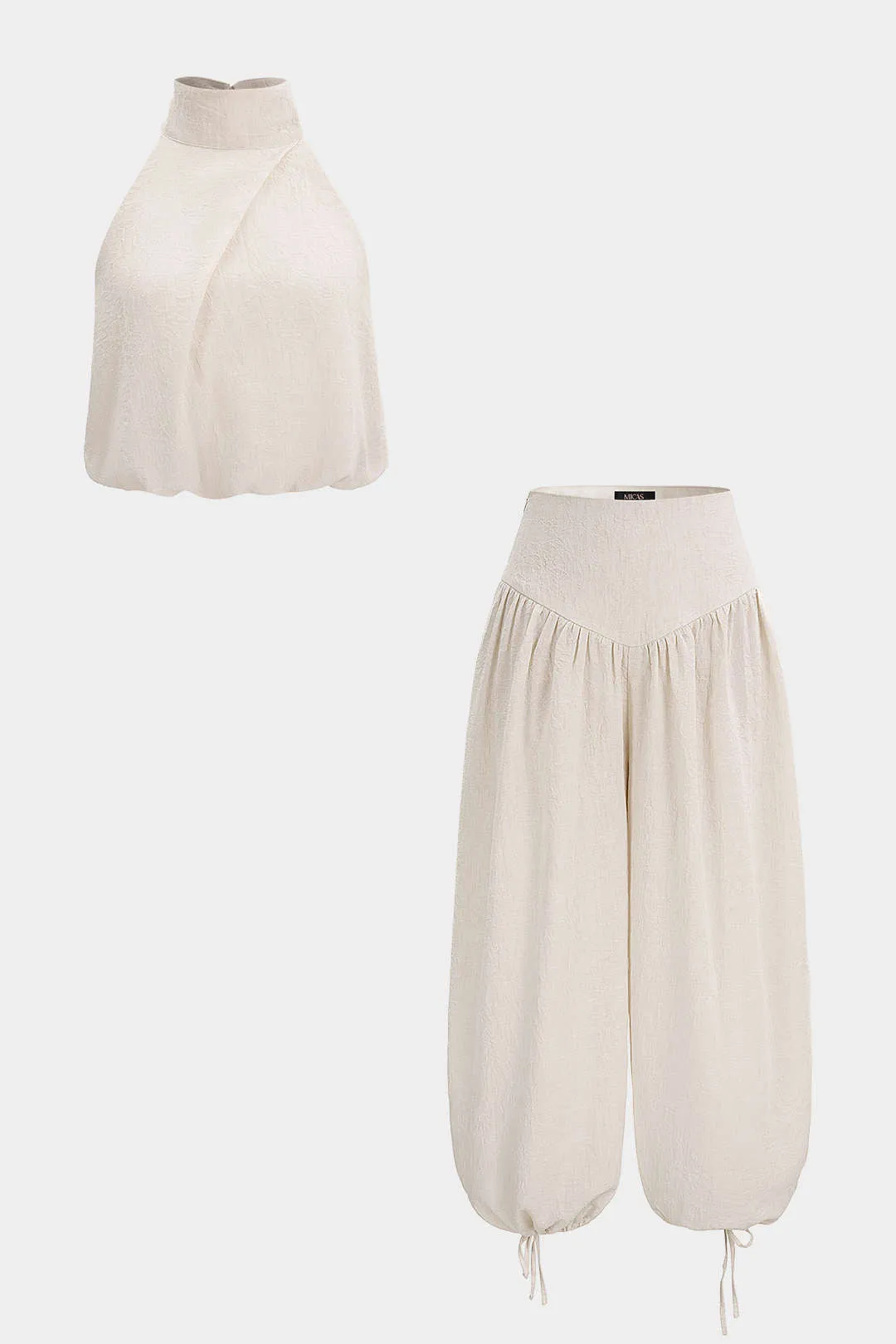 Mock Neck Halter Neck Sleeveless Top And Drawstring Wide Leg Pants Set sold by Micas product image thumbnail 2
